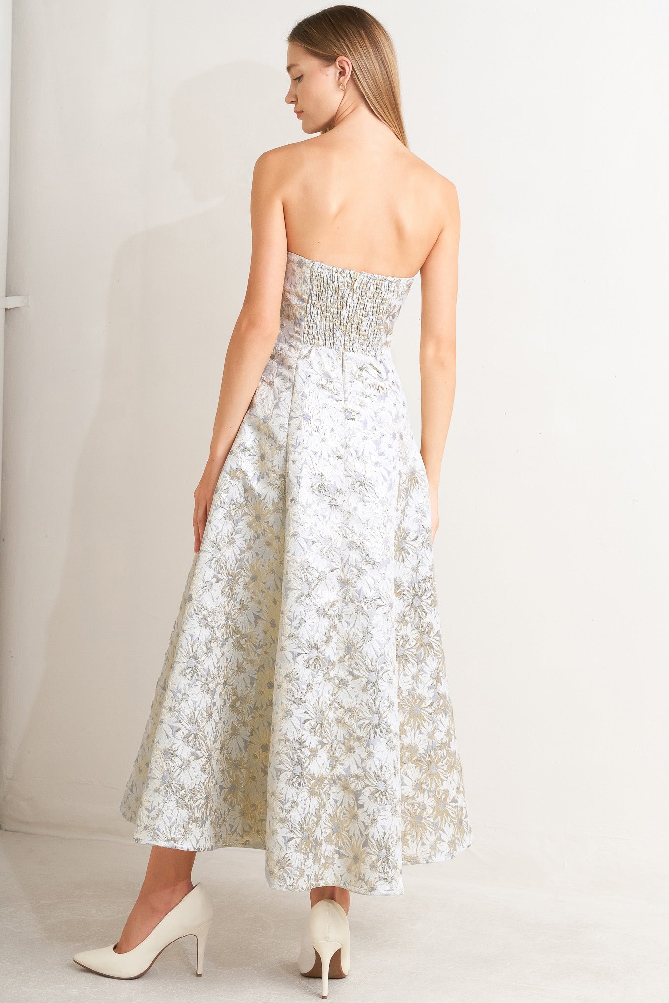 PASTEL BLOOM WOVEN JACQUARD MIDI DRESS Flying Tomato